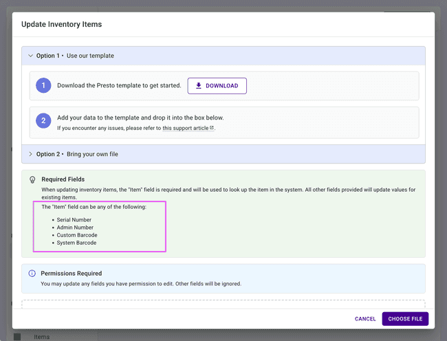 Import Inventory Updates dialog