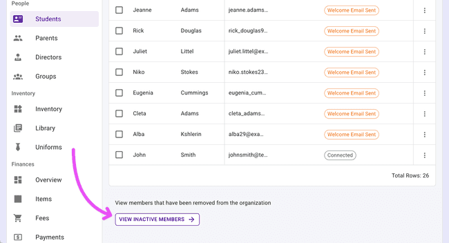 View Inactive Members — Just below the Students or Parents tables