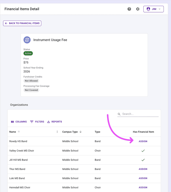Assign an Admin Financial Item to any organization