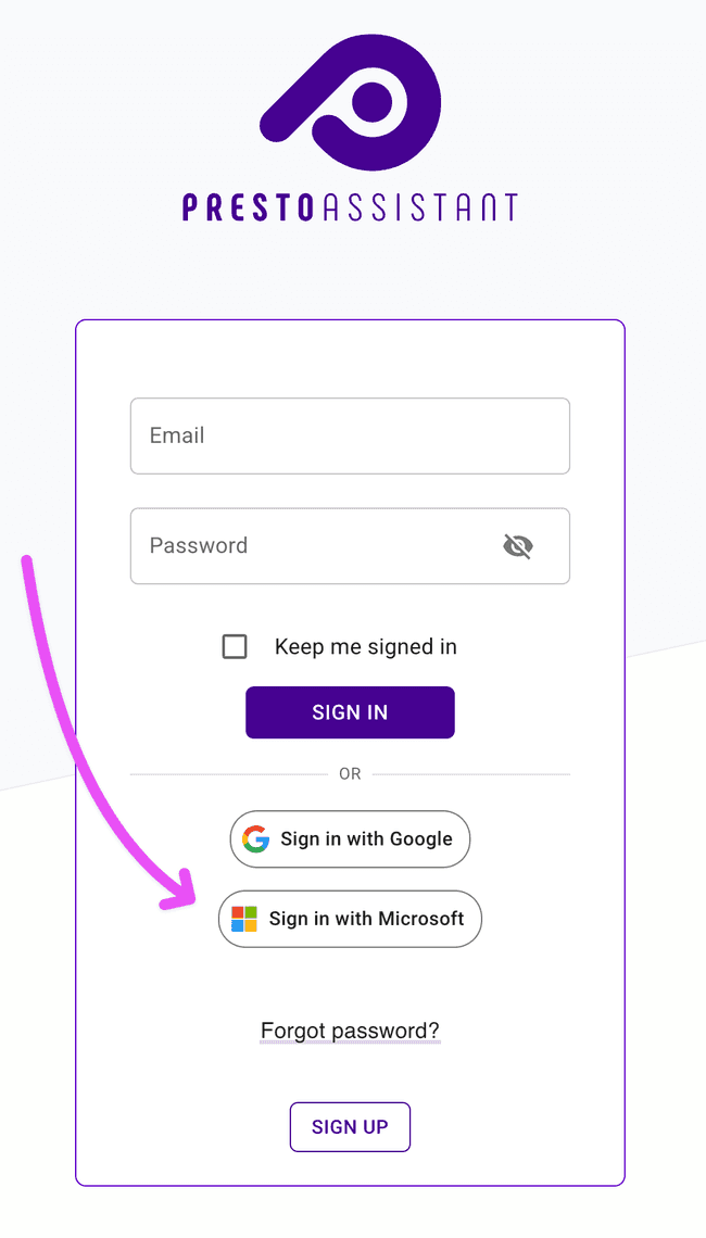Use your Microsoft account to sign up or sign in to Presto