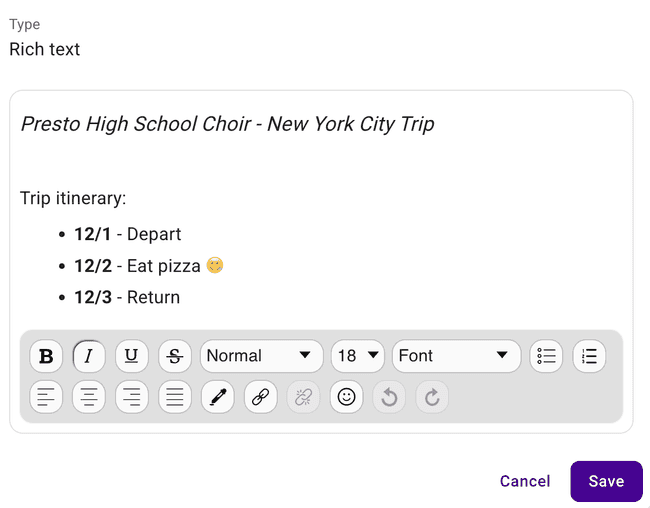 Format your form text with bold, lists, links, and more using the Rich text block