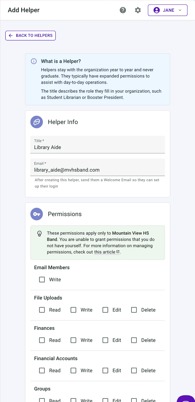 Quickly add a new helper with a title and permissions