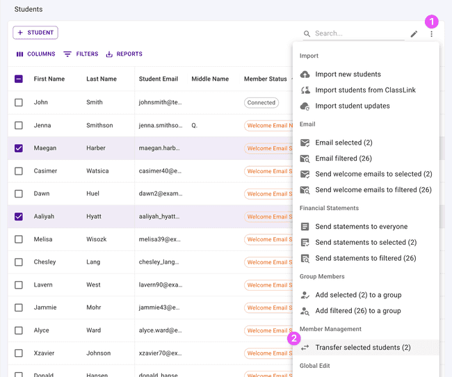 Select any students that should be transferred to another Presto organization