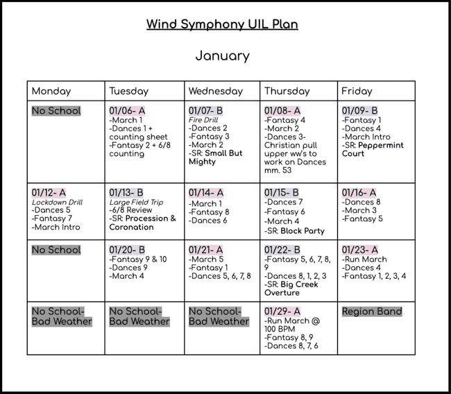 Example calendar for January, planning weekly concert season goals.