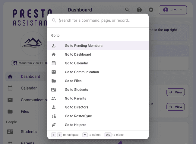 Press ⌘K or Ctrl+K to search for a command, page, or record and jump right to it