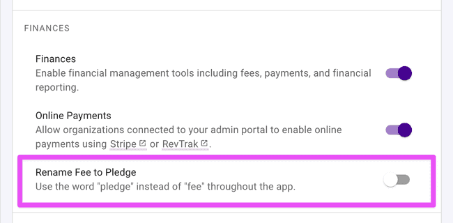 New admin setting to rename fee as pledge