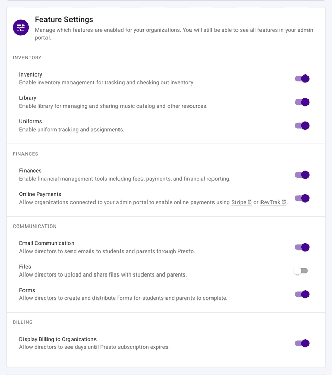 Enable or disable features with a single click