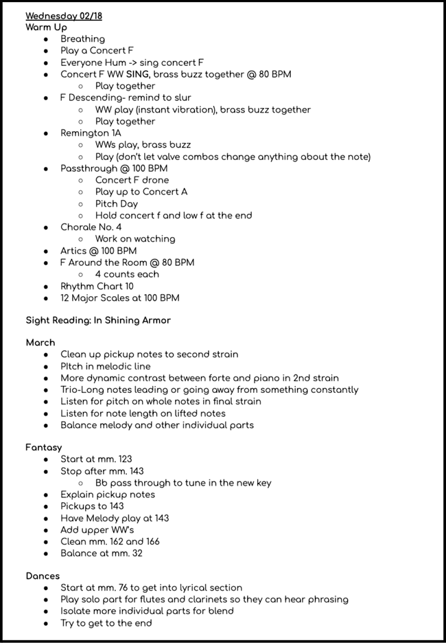 Example daily planner for rehearsal.