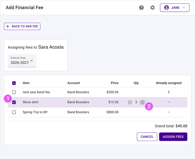 Select a fee and update the quantity