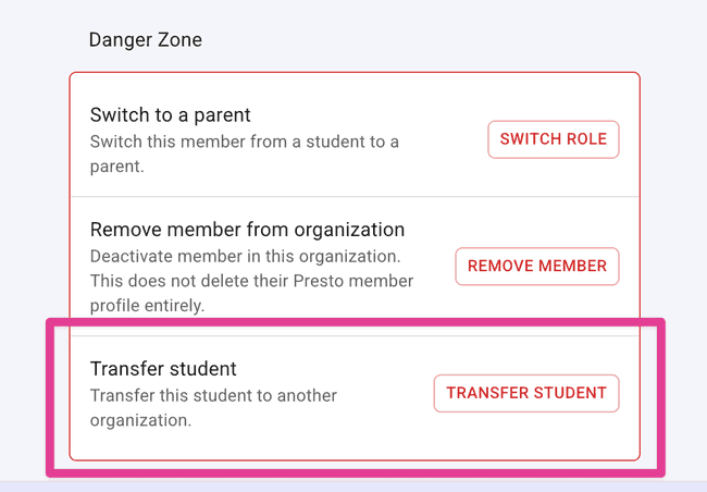 Danger Zone showing Transfer Student section