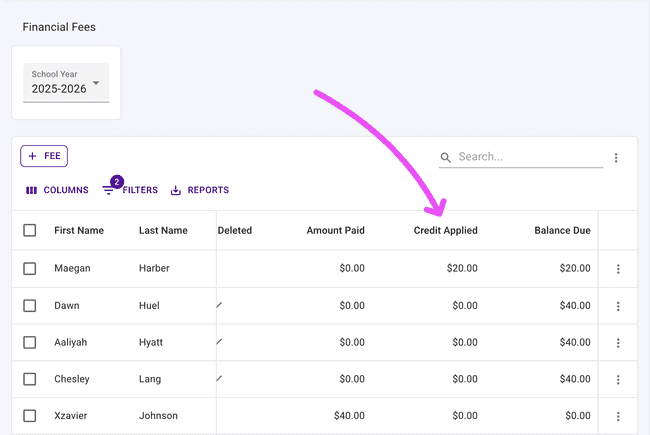 Quickly see Credits Applied for each fee